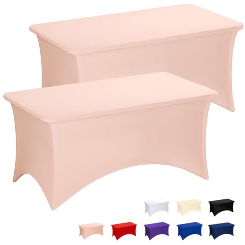 Fixwal Light Pink Stretch Table Cloth Rectangle 2 Pack 4Ft, Spandex Fitted Table Covers Washable for Party, Trade Show, Banquet, Wedding, Buffet - color: Light Pink, size: 4 Ft