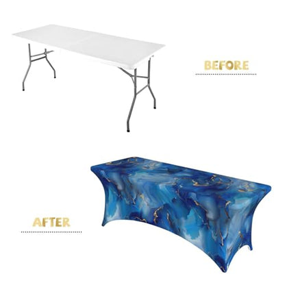 Famame Ink Blue Marble Texture Rectangular Fitted Tablecloth- 6Ft Stretch Spandex Table Covers Patio Design Tablecloths for Wedding Banquet Party (72Lx30Wx30H) - color: Ink Blue Marble, size: 3" x 1" (Rectangular)