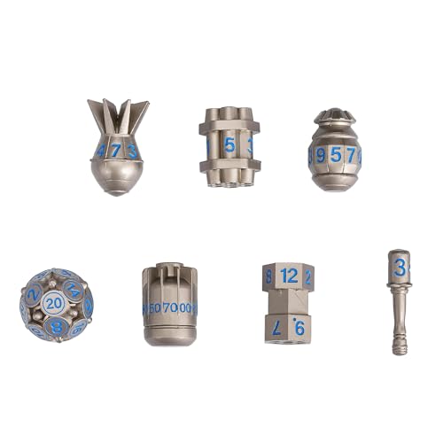 UDIXI Metal Dice Set 7PCS, Nickel Polyhedral D&D RPG Dice for Tabletop Game | Bomb Shape, Blue Numbers, Solid Metal, Cool Design, Leather Pouch Pakaging, for Dungeons and Dragons Role Playing Games - color: Nickel Blue