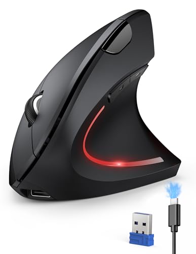 TECKNET Wireless Ergonomic Mouse, Rechargeable Wireless Vertical Mouse | Rechargeable Mouse Black, 2.4GHz USB Receiver, Silent Click, 6 Adjustable DPI up to 4800, 6 Buttons for Laptop, PC & MacBook - color: Black