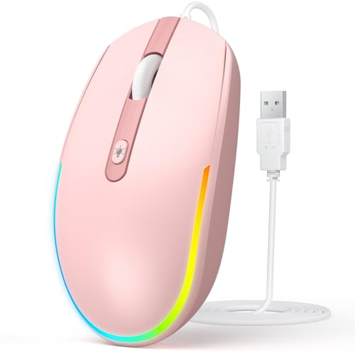 seenda Wired Mouse, RGB Backlit 1600 DPI Corded Mouse for Laptop/PC, Pink | Plug-and-play with quiet clicks and optical tracking for laptop, PC, Chromebook, desktop, office, school, and home - color: Pink