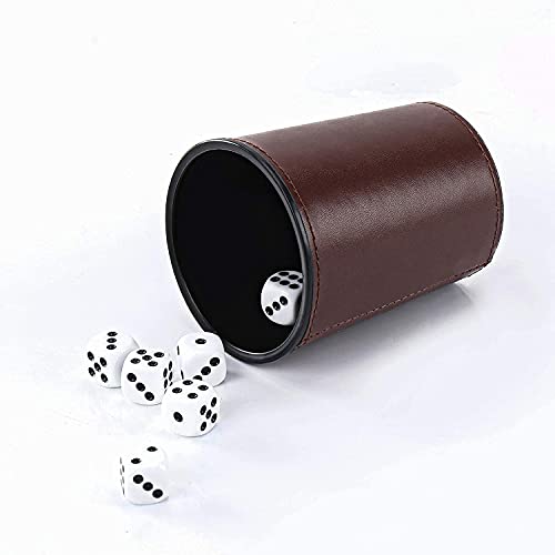 2-Pack Leather Dice Cup Set, 10 Brown Cups, 50 Dice with 2 Storage Cases | PU leather dice set with 5 felt-lined cups, 25 dice and storage case for Liar’s Dice, craps, backgammon and party games - color: Brown X2