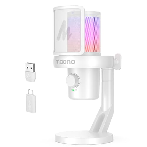 MAONO Wireless/USB Gaming PC Microphone with 6 AI Voice Changer, DM40 White | Condenser Computer Mic with 48kHz/24bit, Noise Reduction, Mute, EQ, RGB, 40H, Gain, Headphone Jack for Podcast Record Stream - color: White