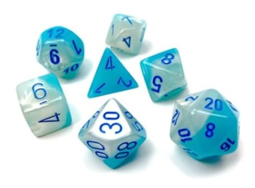 Gemini Polyhedral Dice Set | Set of 7 Dice in a Variety of Sizes Designed for Roleplaying Games | Premium Quality Dice for Tabletop RPGs | Luminary Turquoise, White and Blue Color | Made by Chessex