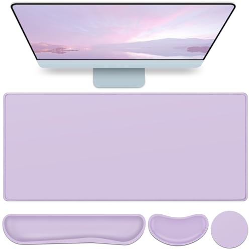 Desk Mat Purple, Large Gaming Mouse Pad with Wrist Rest, 4in1 XXL Mousepad+Keyboard Wrist Rest+Mouse Pad Wrist Support+Cup Coaster Set Ergonomic Computer Desk Arm Wrist for Decor Home Office Women - color: Vanilla Purple