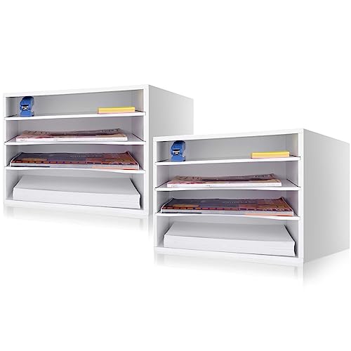 EMERIT Paper Organzier Wood Desktop Organizer Storage Letter Tray File Sorter with Adjustable Shelves for Home Office - color: White