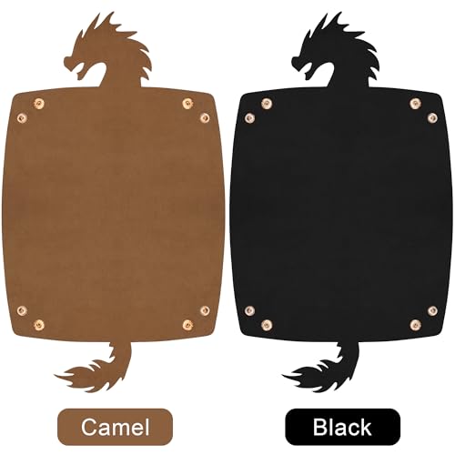 SIQUK 2 Pieces Dragon Dice Rolling Tray PU Leather Dice Mat Folding Scroll Dices Holder for D&D RPG Games (Camel, Black) - color: Camel, Black