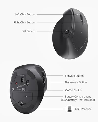 Ergonomic Mouse, USB+Bluetooth Dual Connection, Wireless Vertical Mouse for Reducing Wrist Pain, 1000/1600/2400 DPI, Ergo Mouse with Quiet Click for Windows Mac OS PC Computer Laptop, Black - color: Black