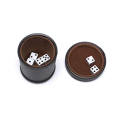 PU Leather Dice Cup with Lid, Dark Chocolate Leatherette and Dark Brown Felt-Lined Quiet Dice Shaker Cup, Including 6 Black Dot Dice for Liars Dice/ Farkle/ Yahtzee Games, 1 Pack - color: Chocolate