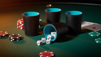 Leather Dice Cup, Quite Felt-Lined Interior, 6 Shaker Cups and 30 Dot Dices, one Carry Bag (Black and Lake Blue) - color: Black and Lake Blue