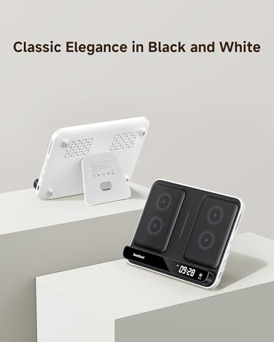 Dual Phone Foldable Wireless Charging Station for iPhone, Galaxy, Pixel | Dual phone charging, Foldable portable stand, Dimmable clock, Case friendly, Raised charging area, flat mode for earbuds, 504 - color: Black