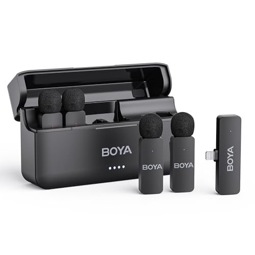 BOYA BY-V4D Wireless Lavalier Microphone for iPhone iPad with Charging case, 18H Battery Life, 650ft Range, 4-Channel Omnidirectional Noise Canceling Lapel Mics for Video Recording Interview Vlog - size: 4TX+Lightning RX+1CC