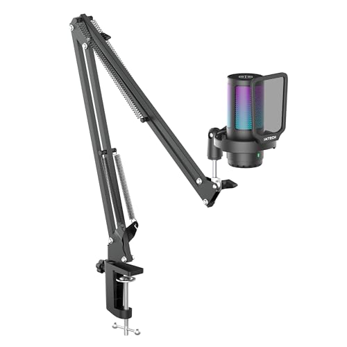 Gaming Microphone for PC with Boom Arm, Podcast Condenser Mic with Pop Filter, Quick Mute Button, Gain Knob, Microphone Arm and Computer Mic with Gain Control for Streaming Podcasting Recording