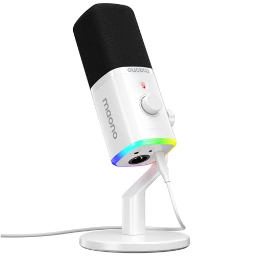 MAONO PD100X USB/XLR Podcast Microphone for PC,Gaming Streaming Dynamic Mic | Noise Reduction,Tap to Mute,Custom RGB, Maono Link Support,Volume & Gain Control,Desktop Stand,for Computer Recording, White - color: White, style: Desktop Stand Version