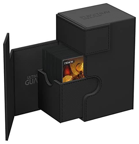 Ultimate Guard Flip'n'Tray 80+, Deck Case for 80 Double-Sleeved TCG Cards + Dice Tray, Black, Independent Magnetic Closure & Microfiber Inner Lining - color: Black, size: 80+