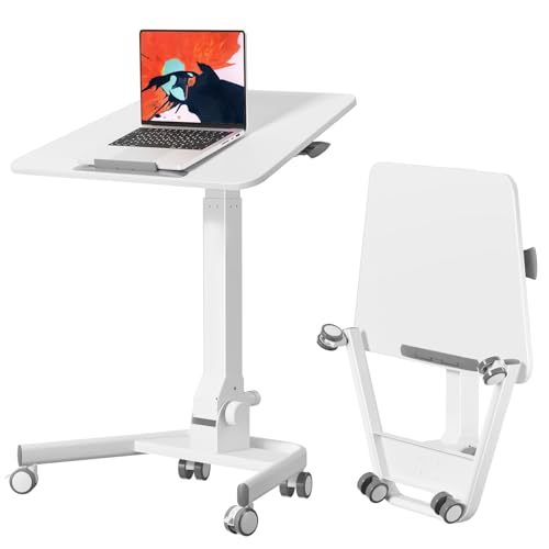 Foldable Mobile Standing Desk, Rolling Laptop Cart, White | 29.9"-42.9" Height Adjustment, Easy to Fold, Portable Standing Desk on Wheels, Folding Desk for Compact Space - color: White
