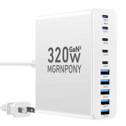320W USB C Charger Block, 10-Port USB C Charging Station GaN III PD 65W Laptop Fast Charger Adapter for MacBook Pro/Air, DELL, iPad, iPhone, Samsung Galaxy White - color: White