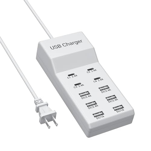 10-Port USB C Charger Block (6 USB-A Port & 4 USB-C Port), 50W10A Multiport Charger Hub for iPhone, Galaxy, iPad & More, 3.3FT - color: White, size: 10 Port (6 USB-A, 4 USB-C)