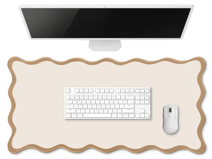 Hahafelt Scalloped Desk Mat Large Desk Pad Cute Coquette Table Mat Back to School Preppy Table Make up Pad Nonslip Graduation Gift with Stitching Waterproof Gaming(Beige,23.6 x 13.8 Inches) - color: Beige, size: 23.6L x 13.8W inches