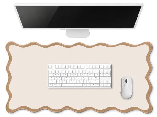 Hahafelt Scalloped Desk Mat Large Desk Pad Cute Coquette Table Mat Back to School Preppy Table Make up Pad Nonslip Graduation Gift with Stitching Waterproof Gaming(Beige,23.6 x 13.8 Inches) - color: Beige, size: 23.6L x 13.8W inches