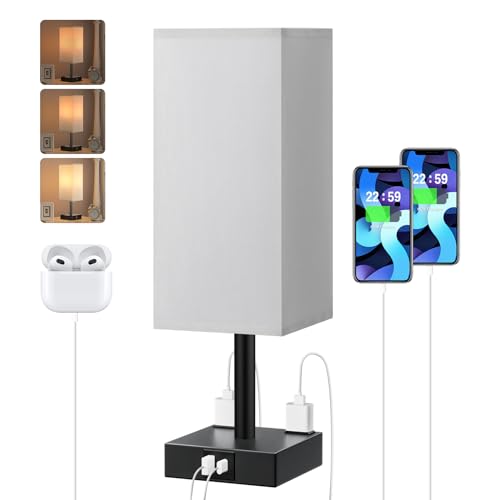 Touch Bedside Table Lamp For Nightstand - 3-Way Dimmable Night Lamp with USB A + Type C Charging Ports and two AC Outlets, Small Desk Light with E26 LED Bulb for Bedroom Living Room Office, Grey Black - color: Gray & Black, size: 14.0in