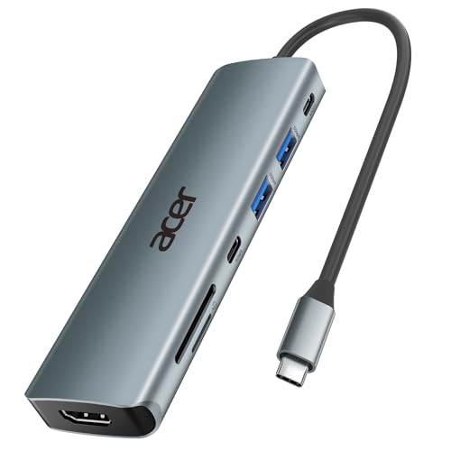 Acer USB C Hub, 7 in 1 Multi-Port Adapter for Laptop/Mac Type C Devices | 4K USB C to HDMI Splitter Hub, 100W Max PD Port, 2 USB 3.0 & 1 USB C Data Ports 5Gbps, SD/TF Card Reader - color: Space grey