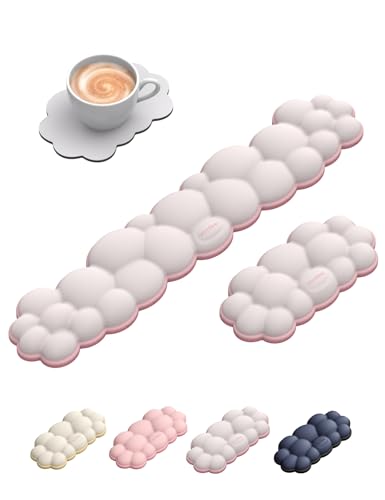 Vaydeer Cloud Keyboard Wrist Rest Set – Ergonomic Memory Foam Wrist Pad for Computer, Laptop & Gaming, Non-Slip Cute Desk Accessories for Office(Keyboard Rest + Mouse Rest + Coaster) - color: A1-white + Pink