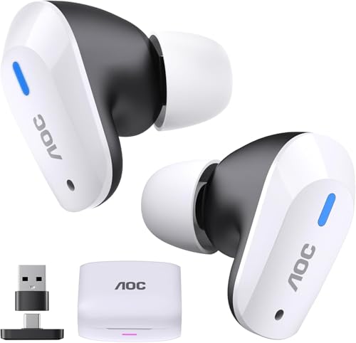 AOC ACT3512 Wireless Gaming Earbuds for PS5 PC Switch, 2.4GHz USB-C Dongle & Bluetooth 5.3 Headphones, 20ms Ultra-Low Latency, Noise Cancelling Mic, 32H Playtime in-Ear Gaming Headset | 20ms Ultra-Low Latency, Bluetooth 5.3 Headphones, Noise Cancelling Mi