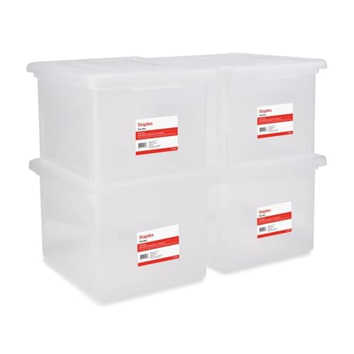 STAPLES Plastic File Box with Snap Lid, Letter/Legal Size, Clear, 4/Carton | Stackable storage box keeps hanging files organized and protected. Pack of 4. - color: Clear, size: 4 Pack, style: Box (Snap Lid)