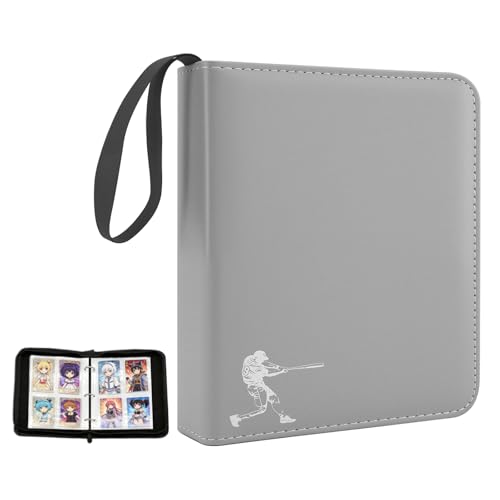 PU Leather Baseball Card Binder,Double Sided Grey Card Binder 4 Pocket Holds 400 Cards,50 Removable Sleeves Baseball Cards Binder,3 Ring Zipper Holder Sports Cards Collection for TCG, MTG - color: Gray, size: Medium