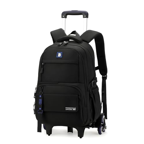 Rolling Backpack for Boys Kids with Wheels Trolley School Bag for Teens Elementary Wheeled Backpack - color: Black 6 Wheels, size: 6 Wheels