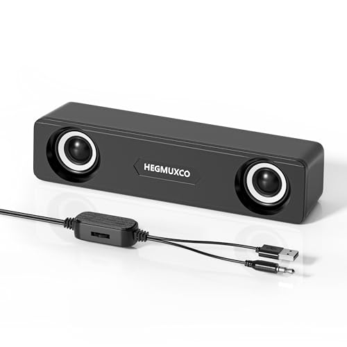 Compact PC Speakers for Desktop - 10W Wired Stereo Speaker with Volume Control Knob, USB Powered, 3.5mm Audio Input, Laptop Expertly Tuned Computer Soundbar with Deep Bass for Office, Home, and Gaming
