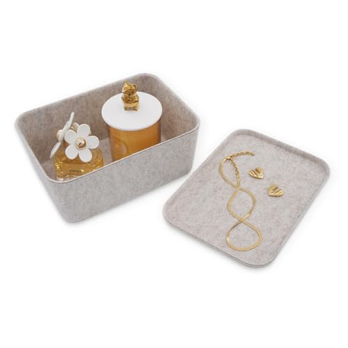 Welaxy Lidded office desk drawer organizer bins Deep draw organiser Felt storage box with lids for office supplies makeup jewelery rolled ties socks decluttering (Oatmeal) - color: Oatmeal