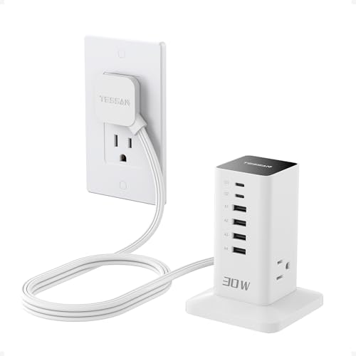 Charging Station for Multiple Devices, TESSAN 9-in-1 USB C Power Strip for iPhone 17/16/15, MacBook, Tablet, Desktop Phone Fast Charger with 3 AC, USB Charger, Home Drom Office Accessories, White-30W - color: White-30W