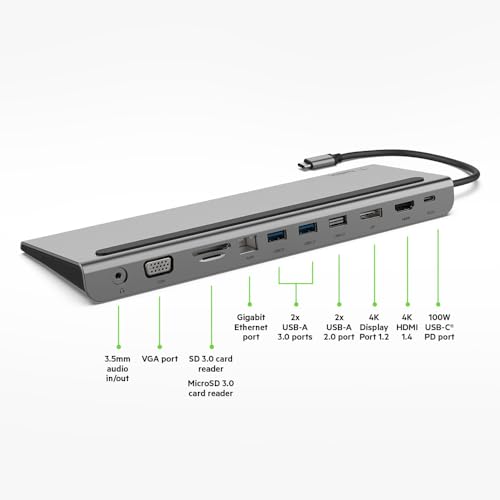Belkin USB C Hub, 11-in-1 Multi-Port Laptop Dock with 4K HDMI, DP, VGA, USB C Docking Station with 100W Power Delivery, USB A, Gigabit Ethernet, SD, MicroSD, 3.5mm Port For MacBook Pro, Air and More - style: 11-in-1 Hub
