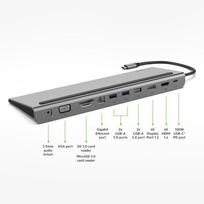 Belkin USB C Hub, 11-in-1 Multi-Port Laptop Dock with 4K HDMI, DP, VGA, USB C Docking Station with 100W Power Delivery, USB A, Gigabit Ethernet, SD, MicroSD, 3.5mm Port For MacBook Pro, Air and More - style: 11-in-1 Hub