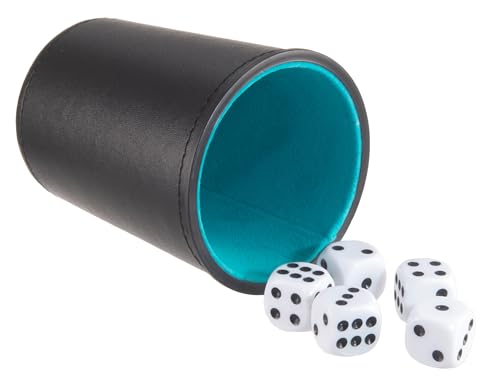 Leather Dice Cup, Quite Felt-Lined Interior, 6 Shaker Cups and 30 Dot Dices, one Carry Bag (Black and Lake Blue) - color: Black and Lake Blue