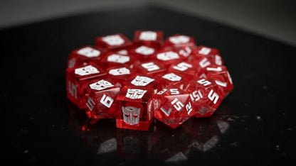 Renegade Game Studios Transformers RPG Dice Set, 8-Piece Red Polyhedral | Official translucent red dice with Autobot symbols. Includes 2 d20s, d12, d10, d8, d6, d4, and d2 coin for tabletop gaming