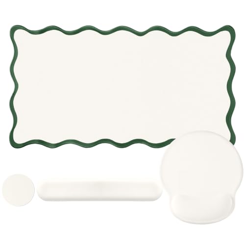 Sabary Scalloped Desk Mat Keyboard Mouse Pad Set 31.5 x 15.7 Inch Green Cute Aesthetic Preppy Table Mat Keyboard Wrist Rest Mouse Pad with Wrist Rest Coaster Ergonomic Non-Slip Waterproof Gaming Desk - color: Green, size: 31.5 x 15.7 Inch