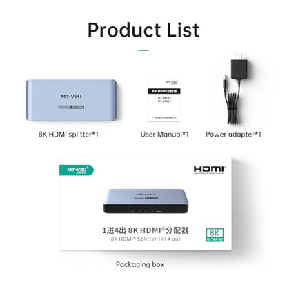 MT-VIKI 2.0 HDMI Splitter, 4K@60Hz HDMI Duplicator/Distributor HDR Support EDID HDCP 2.2 RGB 4:4:4 18Gbps-Adapter Included (8K 1 in 4 Out) - size: 8K 1 in 4 out