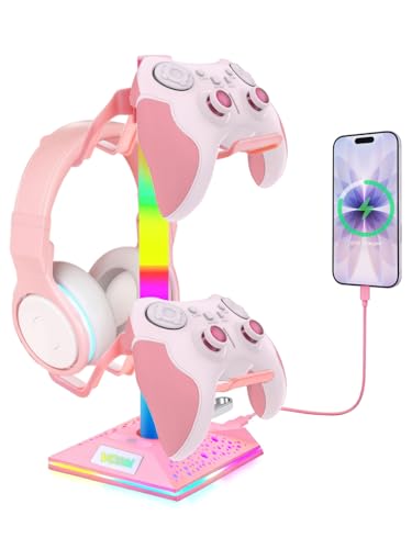 VCOM RGB Gaming Headphones Stand with 2 USB Ports, Pink Headset Stand with 10 Light Modes and Non-Slip Rubber, Suitable for PC Desk Accessories Gamers Gift(Pink)