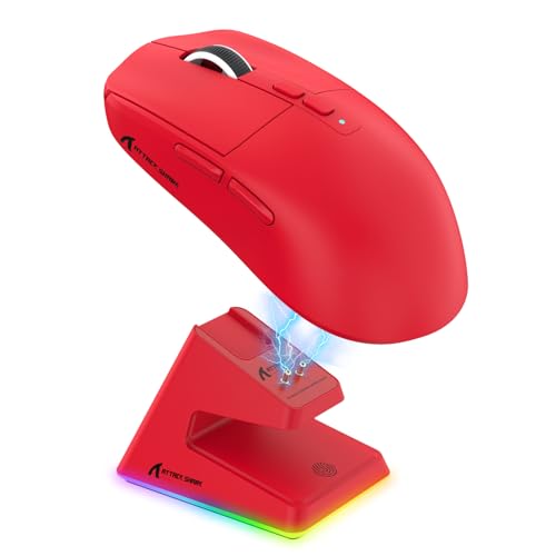 ATTACK SHARK X6 Lightweight Wireless Gaming Mouse with RGB Backlight Charging Base,Tri-Mode Wired/2.4GHz/BT5.2,26K DPI, PAW3395 Optical Sensor,HUANO Switch,5programmable Buttons,PC/Mac(Red) - color: Red, size: Mouse without Anti-slip sticker