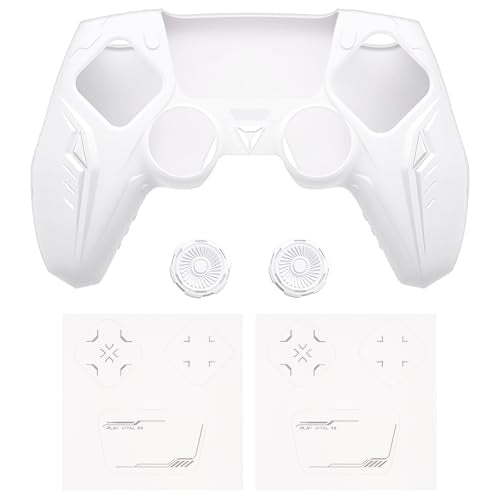 PlayVital Silicone Skin Set for PS5 Controller - Charging Dock Compatible, Full Protection Case with Futuristic CyberMech Design, Soft Cover with Thumb Grips & Stickers - White - color: White
