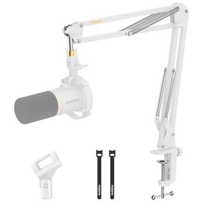 MAONO BA20 Adjustable Mic Boom Arm, Metal Suspension Desk Stand | 1kg max load, 3/8 to 5/8 adapter, suspension design, podcast gaming streaming recording, desk clamp, white finish - color: White