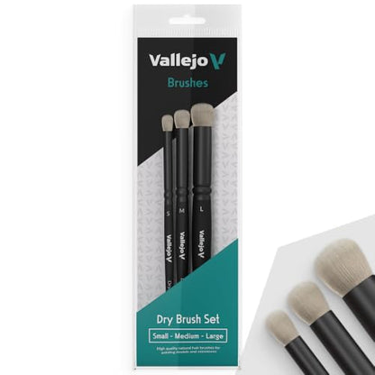 Vallejo - Dry Brush Set | Natural Hair Detailing Brushes | Set for Miniature Model Painting | Sizes Small, Medium, Large | Lightweight and Ergonomic Wooden Handles | Art Supplies - style: Dry Brush Set