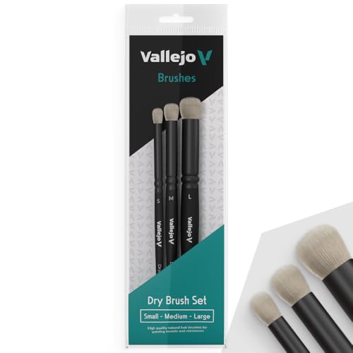 Vallejo - Dry Brush Set | Natural Hair Detailing Brushes | Set for Miniature Model Painting | Sizes Small, Medium, Large | Lightweight and Ergonomic Wooden Handles | Art Supplies - style: Dry Brush Set