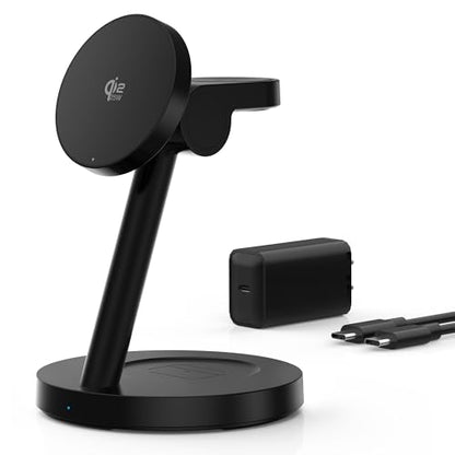 Qi2 25W 3 in 1 Wireless Charging Station for iPhone Samsung | 2-year warranty, MagSafe, strong magnet, 18.5° tilt adjustment, 45W PD adapter, ideal for nightstand office desk travel