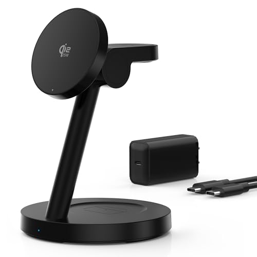 Qi2 25W 3 in 1 Wireless Charging Station for iPhone Samsung | 2-year warranty, MagSafe, strong magnet, 18.5° tilt adjustment, 45W PD adapter, ideal for nightstand office desk travel