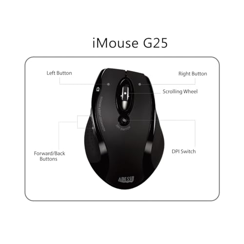 Adesso iMouse G25 Wireless Ergonomic Mouse with 3 Levels Adjustable DPI 800 1200 1600 2 Internet Navigation Buttons 2.4 GHz RF Black Right Hand Right Handed Mouse for Office Desktop PC Laptop