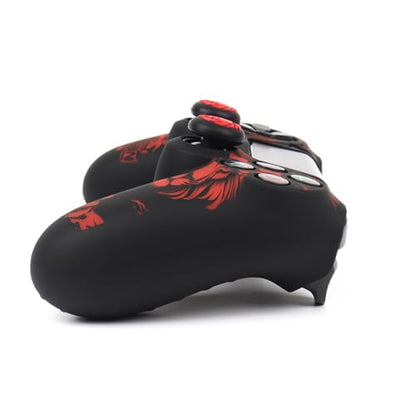 Lion Design Controller Skin Cover with 2 Thumb Grips Compatible with PS4/Playstation 4 Slim/Pro Controller - color: Lion Black Red
